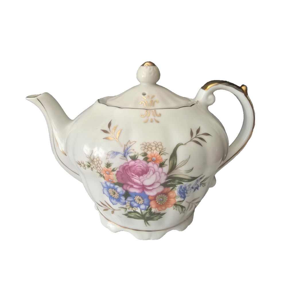 Porcelain Floral Tea Pot Musical w/Lid Gold Accent Handle Glossy